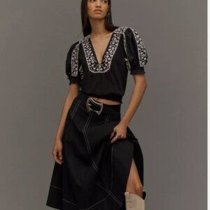 ANTHROPOLOGIE Black Puff-Sleeve Embroidered Top Size S